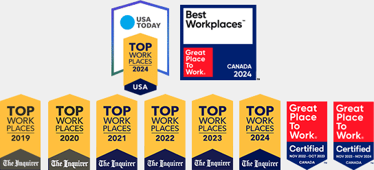 2019-2024 top workplace award presented by the philadelphia inquirer. USA Today Top Workplace 2024. Best Workplaces Canada - Great Place to Work.