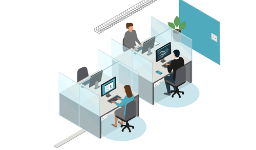 An example of an office layout for workstations, showing partitions and a new arrangement for desks.